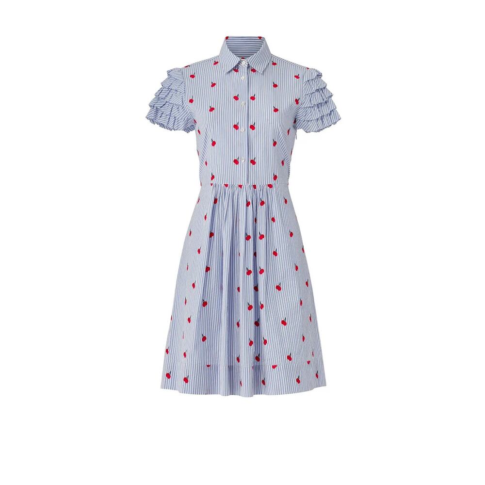 Draper James Cherry Orchard Ruffle Shirtdress Blue Collared Short Sleeve Sz 2 - Picture 4 of 11